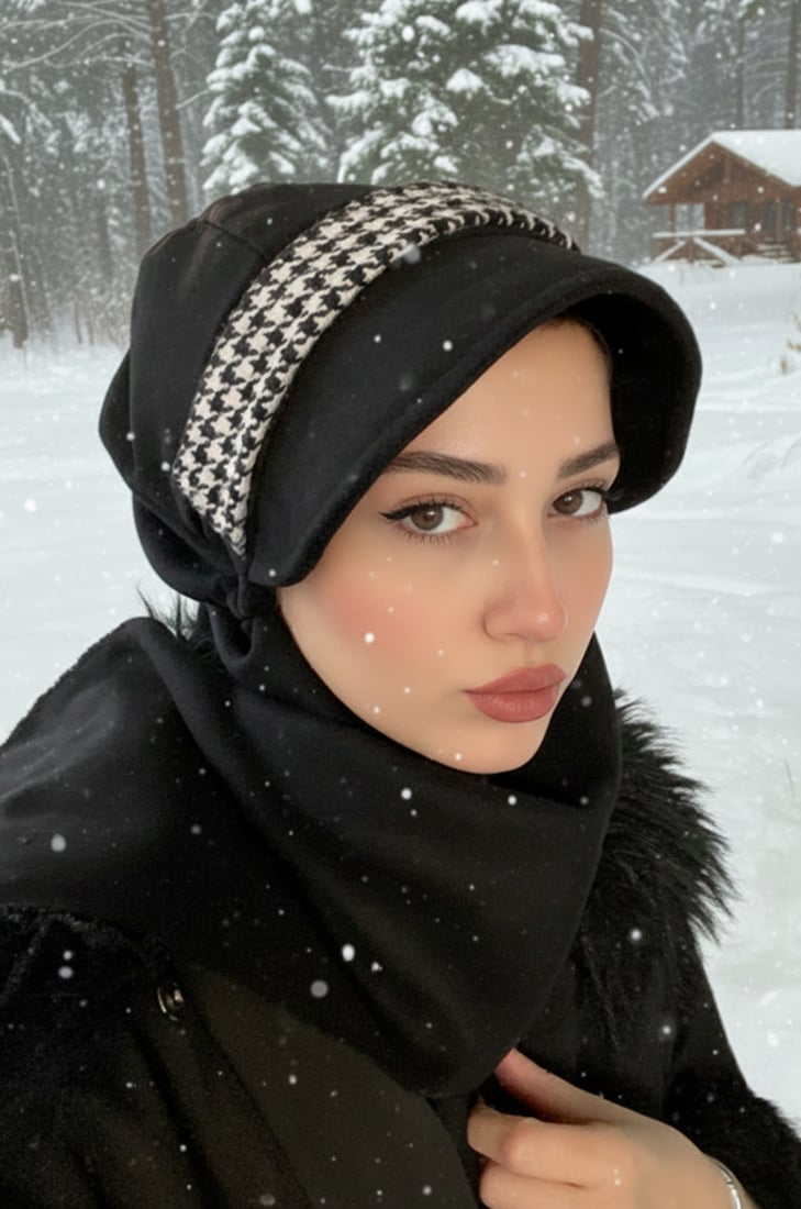 Bej Desen Atkılı Tesettür Şapka