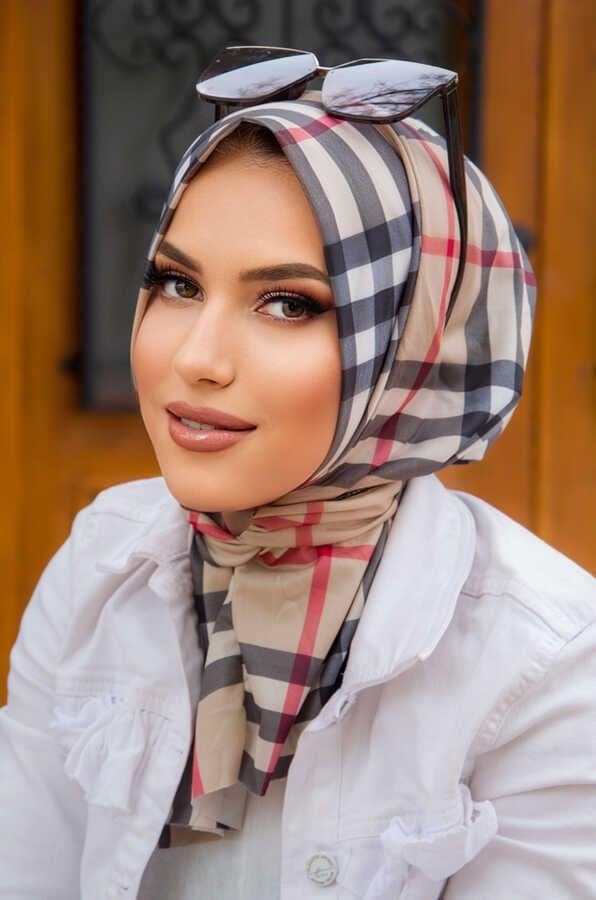 Bej Ekose Desenli Tak Çık Hazır Eşarp