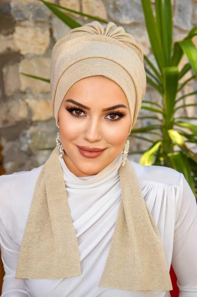 Bej Hazır Işıltılı Atkılı Bone