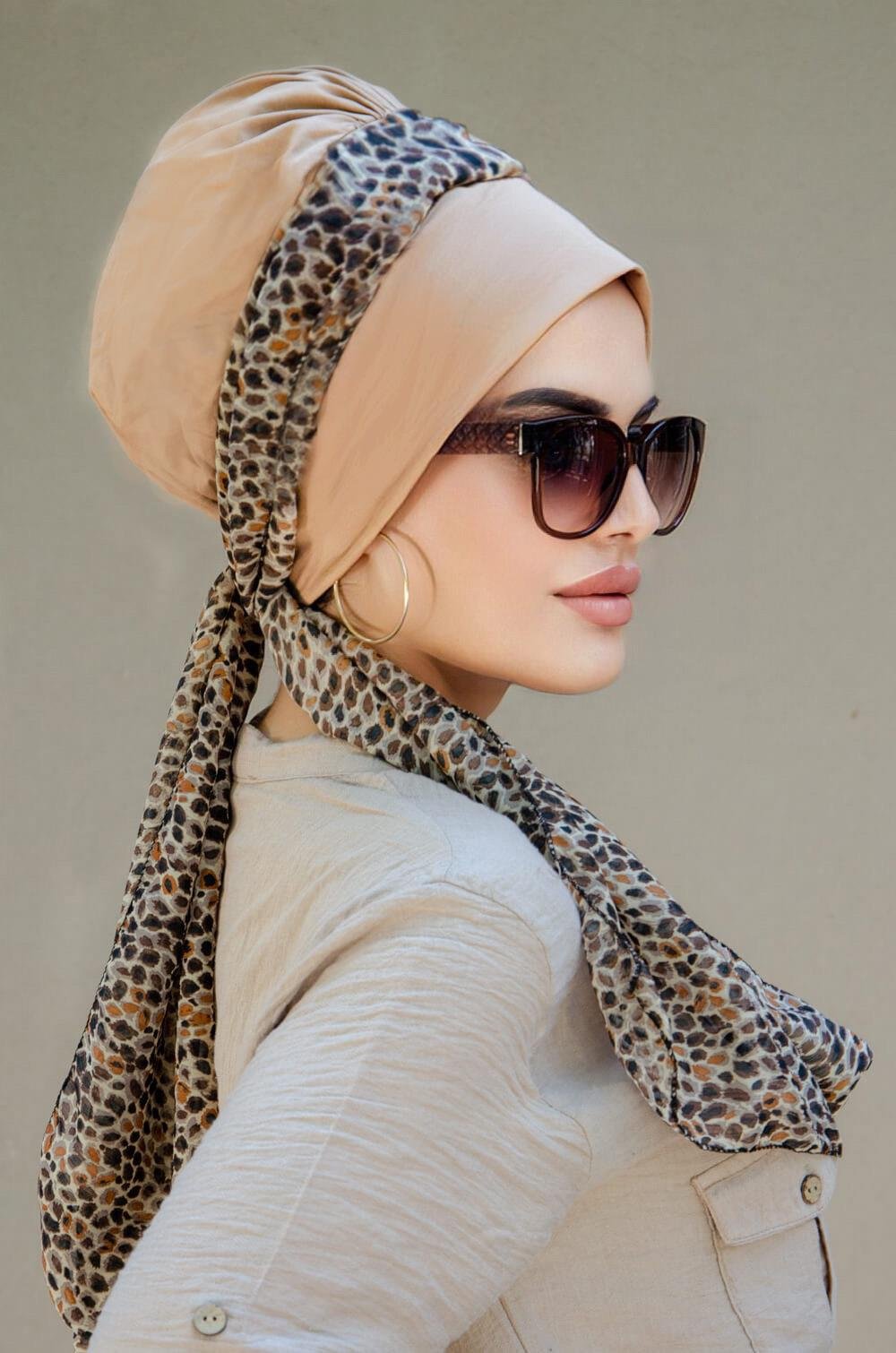 Bej Kahve Desen Fularlı Bone