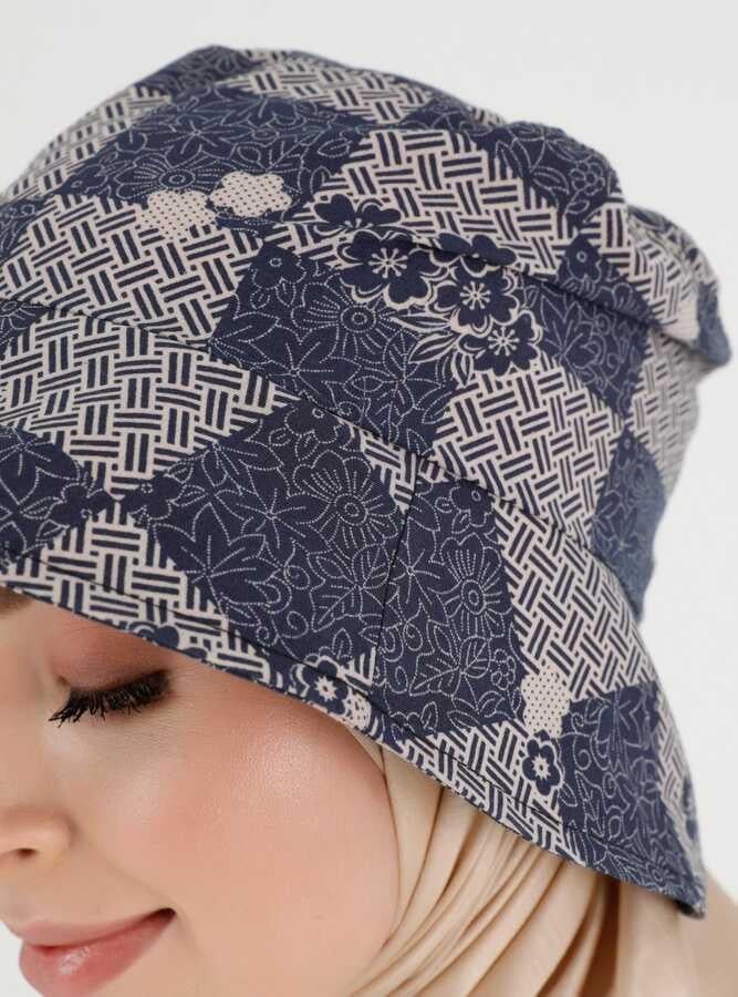 Bej Lacivert Desenli Bucket Şapka