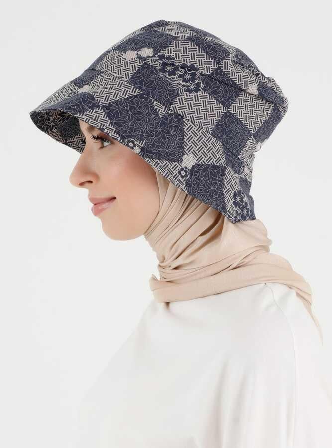 Bej Lacivert Desenli Bucket Şapka