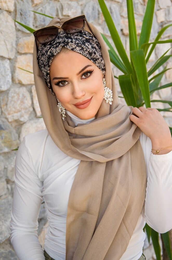 Bej Siyah Çiçek Desen Hazır Şal