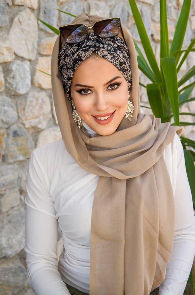 Bej Siyah Çiçek Desen Hazır Şal