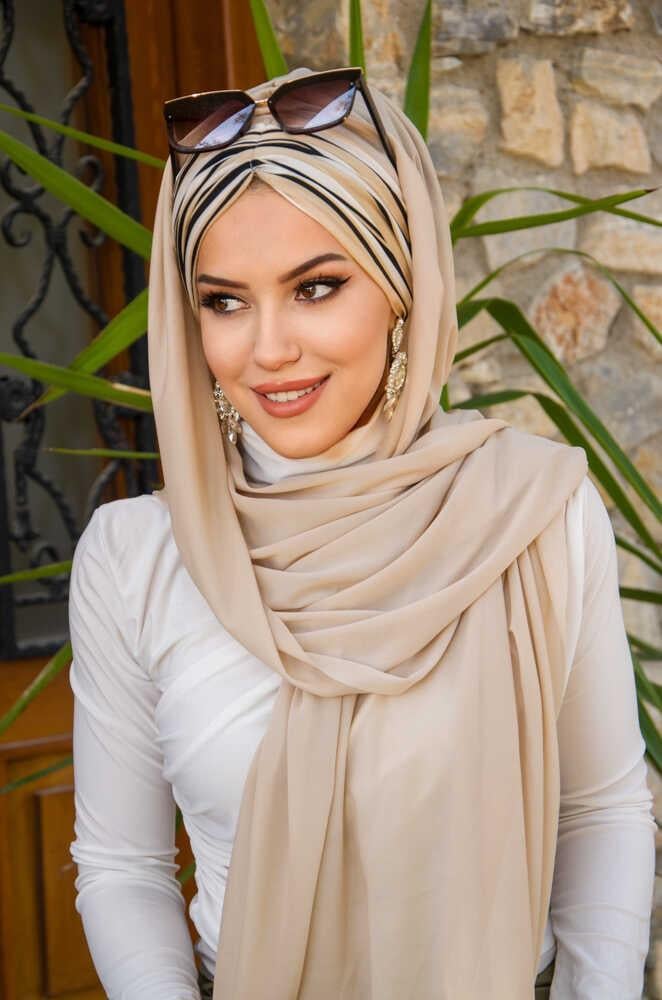 Bej Siyah Çizgi Desen Hazır Şal