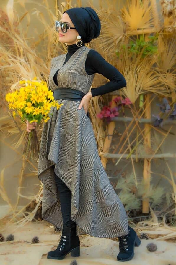 Bej Siyah Kareli Yelek