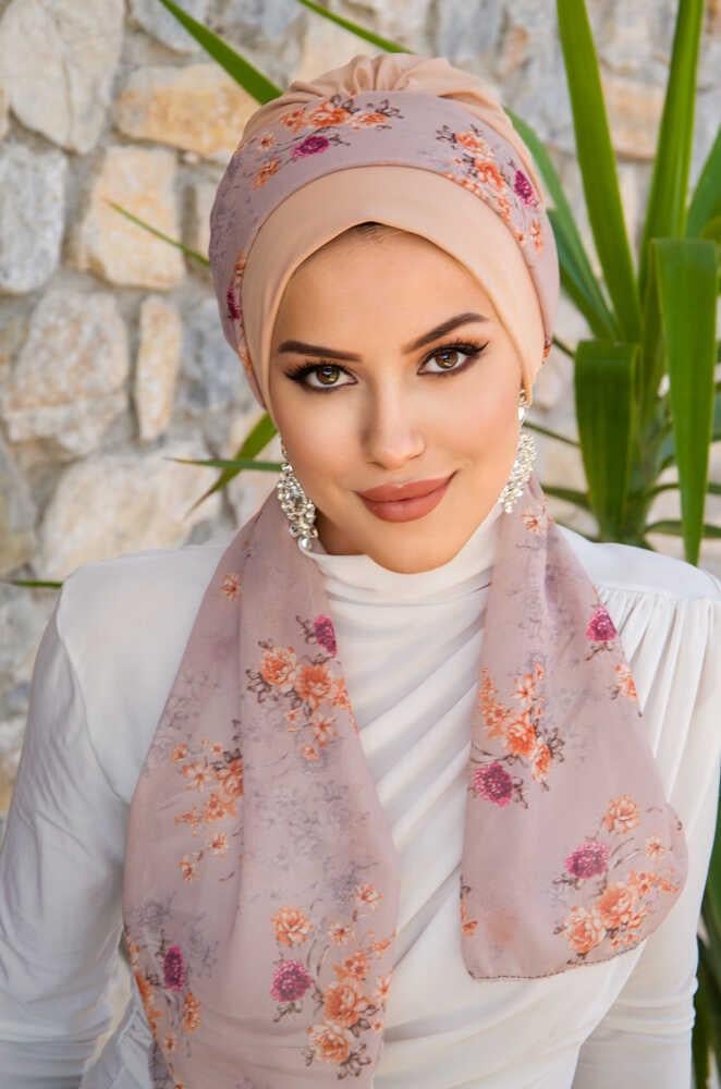 Bej Soft Çiçek Desenli Fularlı Bone