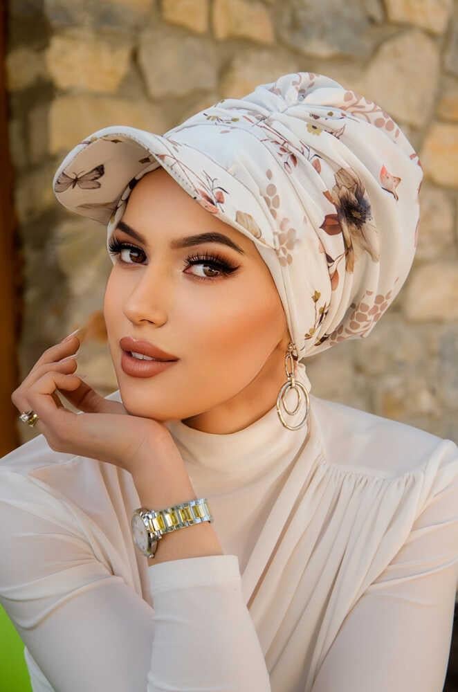 Beyaz Çiçek Desen Tesettür Şapka Bone