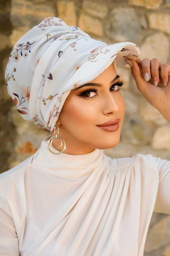 Beyaz Çiçek Desen Tesettür Şapka Bone