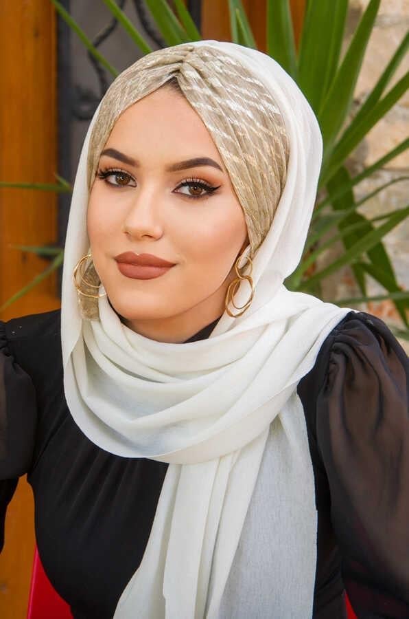 Beyaz Dore Kelebek Model Büzgülü Bone Şal