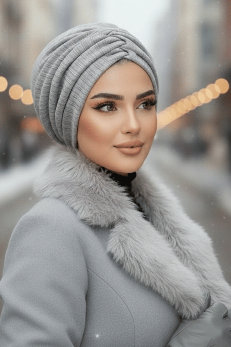 Beyaz Gri Kışlık Büzgülü Bone