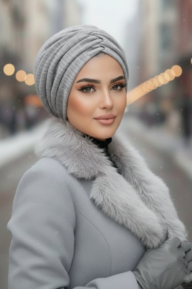 Beyaz Gri Kışlık Büzgülü Bone