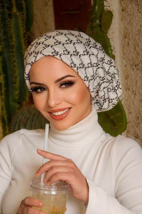 Beyaz Hat Desen Çağla Hazır Türban