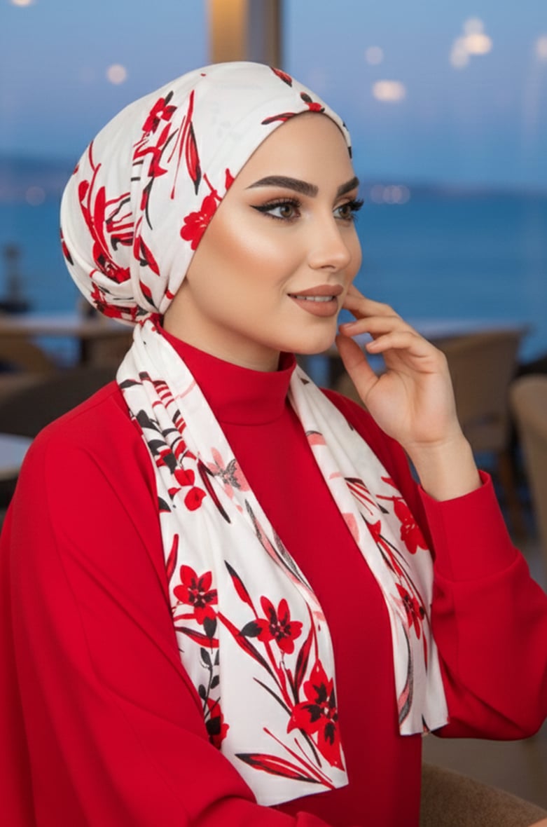 Beyaz Kırmızı Çiçekli Eşarp Bone