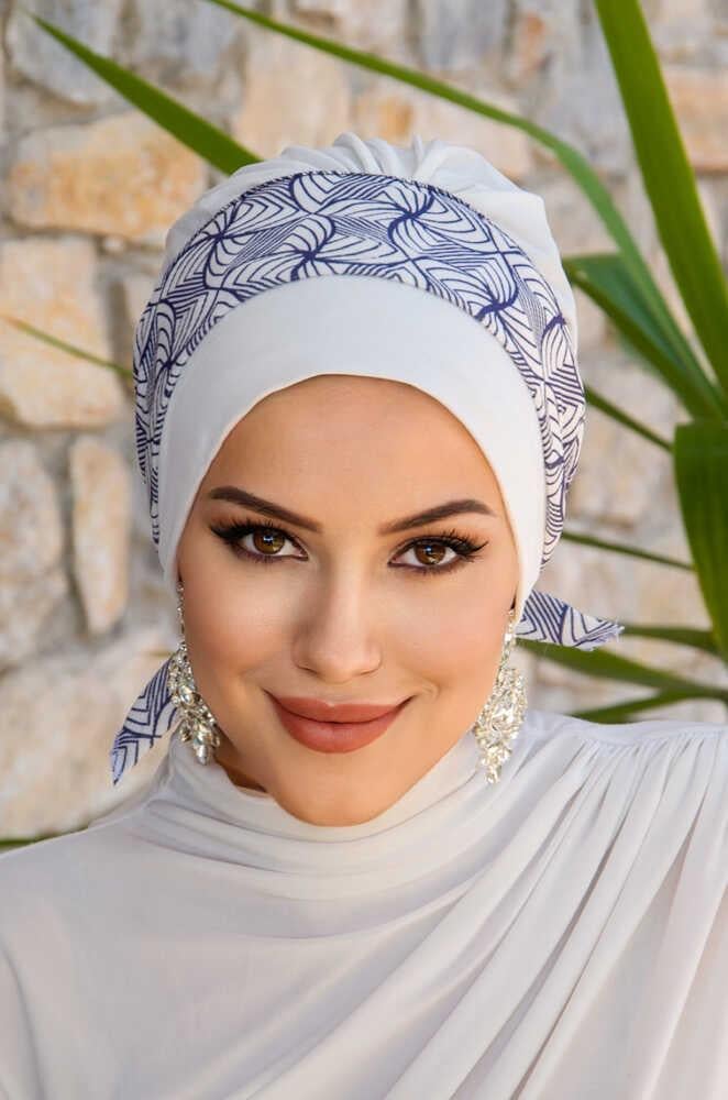 Beyaz Lacivert Spiral Desen Bantlı Bone