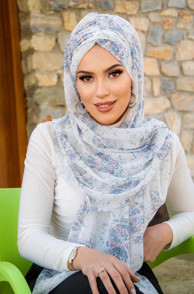 Beyaz Mavi Bahar Desen Hazır Şal