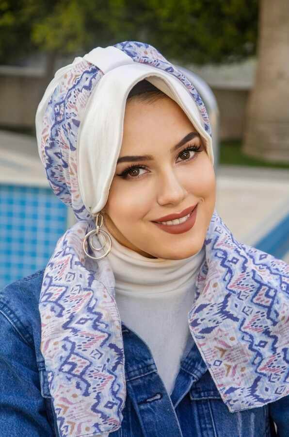 Beyaz Mavi Desenli Fularlı Şapka Bone