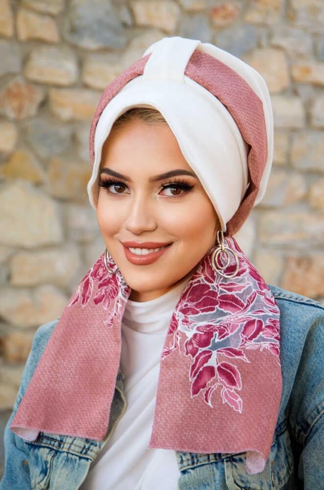 Beyaz Pudra Çiçek Desen Şapka Bone