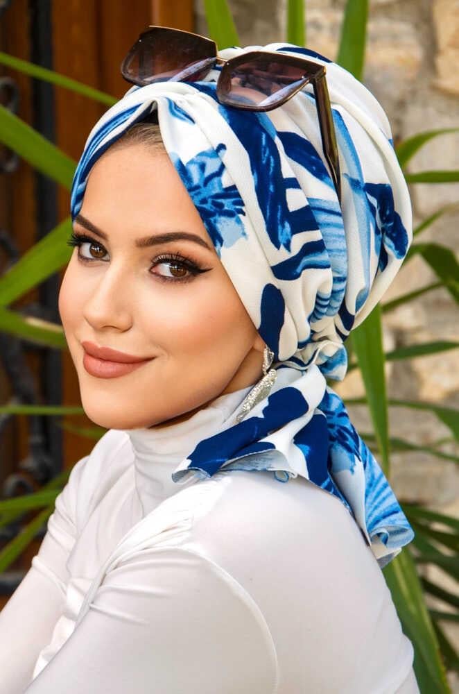 Beyaz Saks Mavi Yaz Desen Tokalı Bone