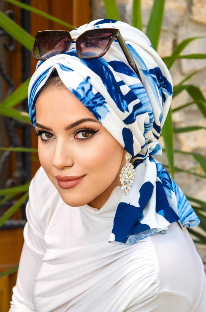 Beyaz Saks Mavi Yaz Desen Tokalı Bone