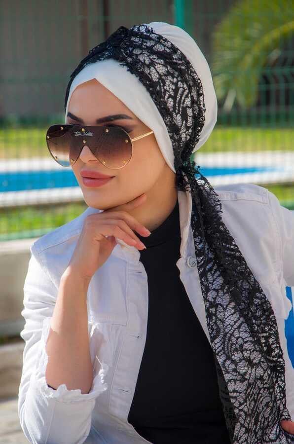 Beyaz Siyah Dantel Fularlı Bone-40602