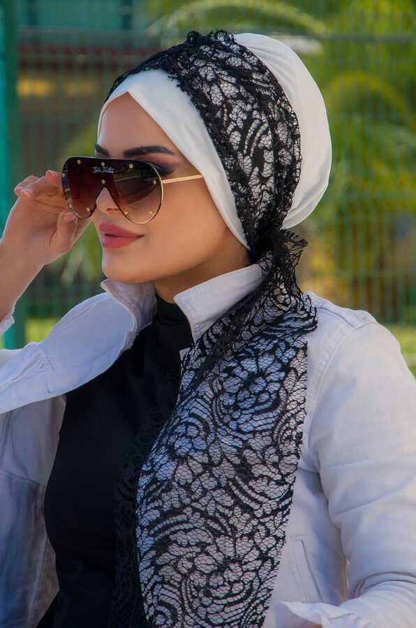 Beyaz Siyah Dantel Fularlı Bone-40602