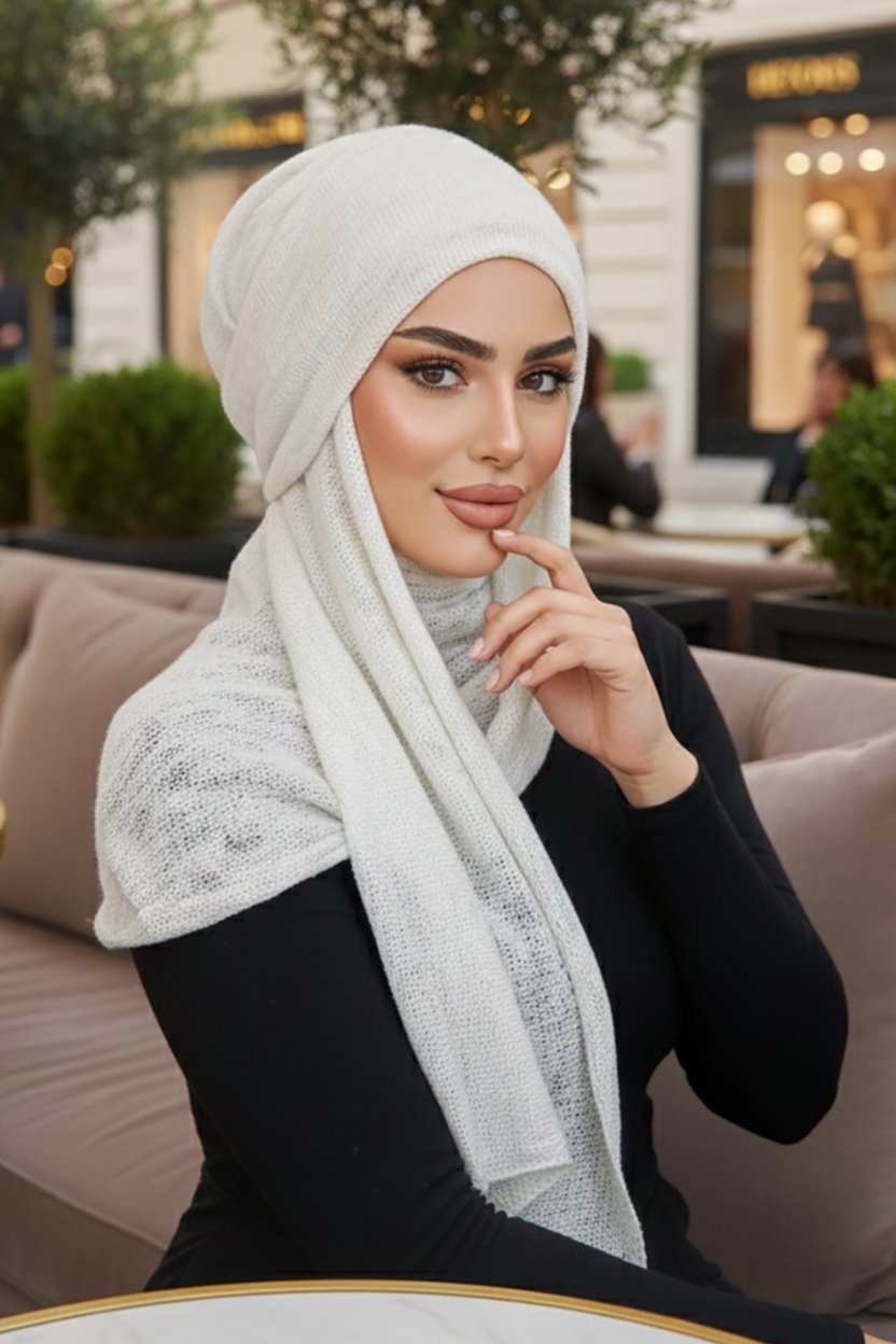 Beyaz Triko Kelebek Bone Şal