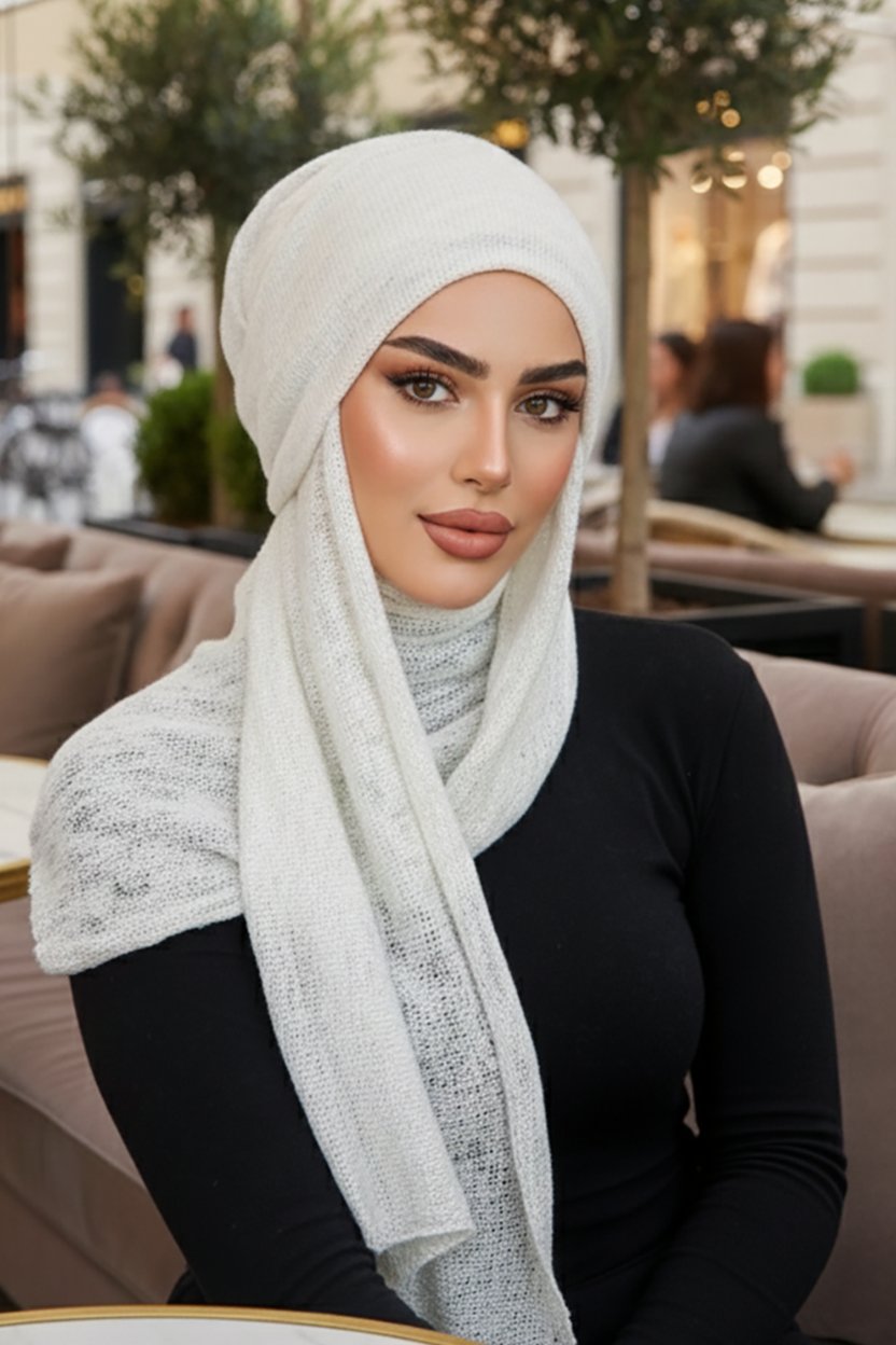 Beyaz Triko Kelebek Bone Şal