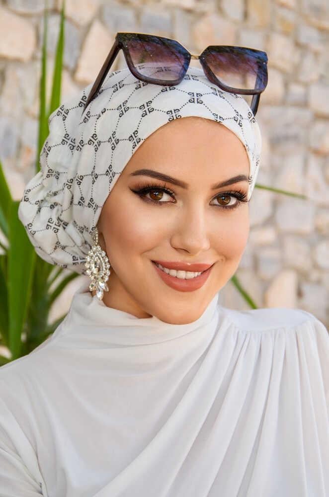 Beyaz Yazı Desen Çağla Hazır Türban