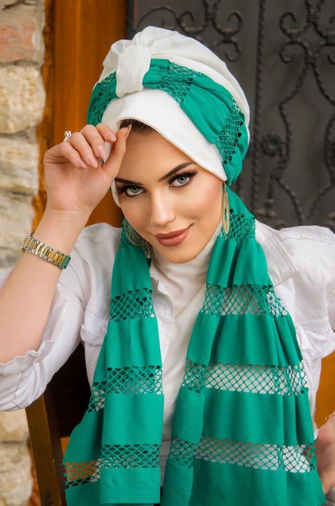 Beyaz Yeşil File Fularlı Şapka Bone