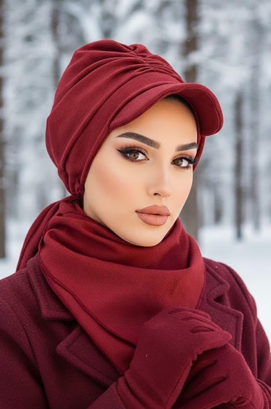 Bordo Büzgülü Tesettür Şapka Ve Etol Takım