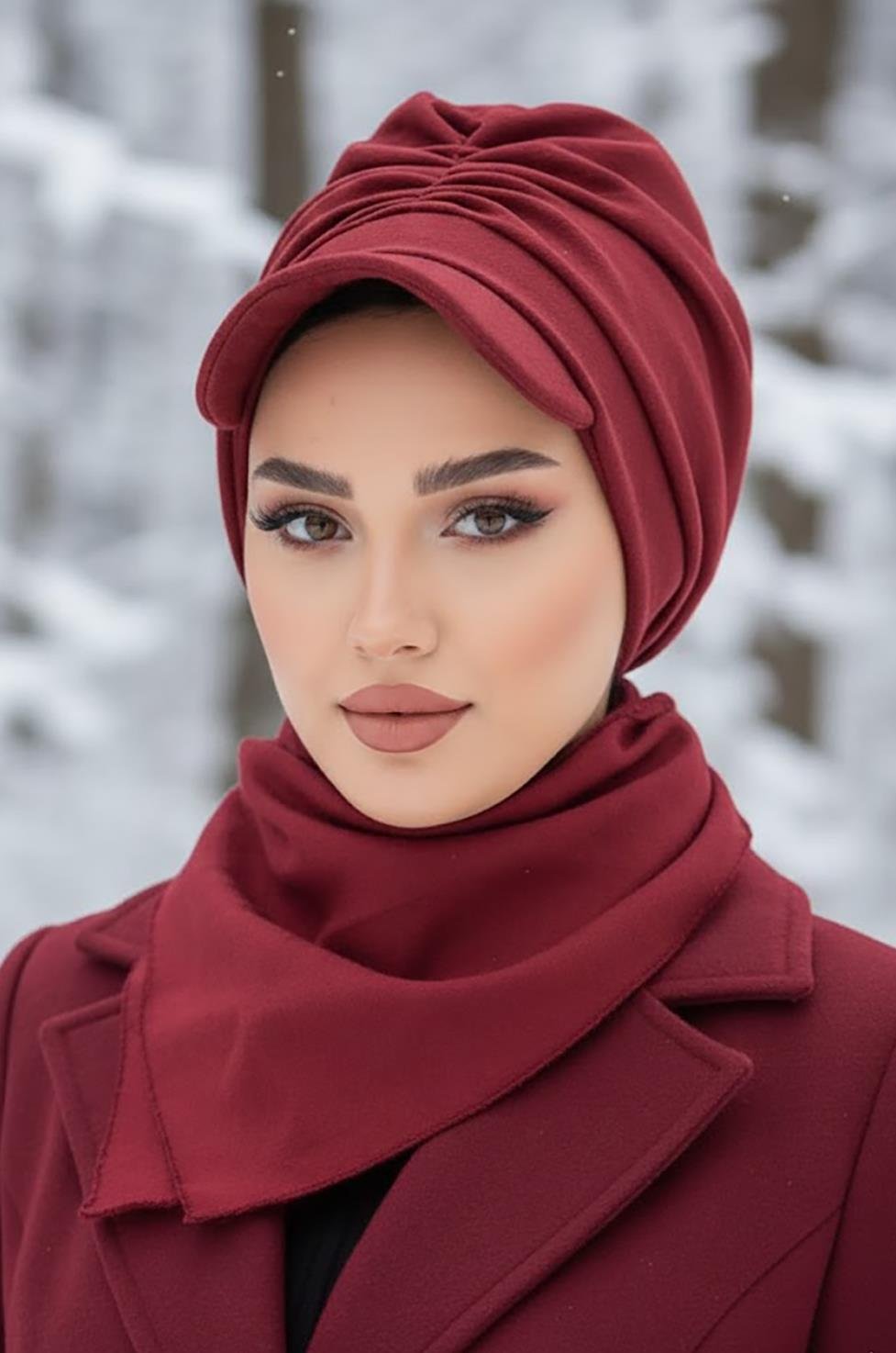 Bordo Büzgülü Tesettür Şapka Ve Etol Takım