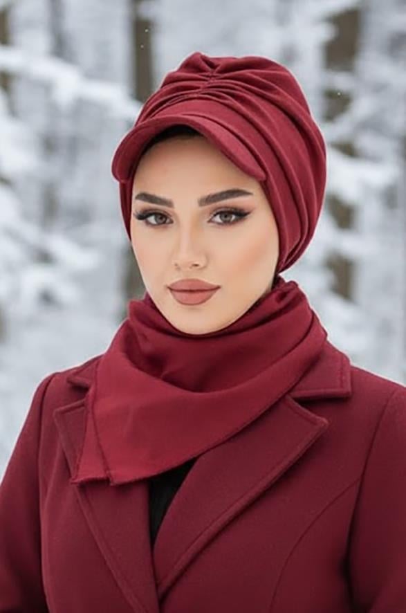 Bordo Büzgülü Tesettür Şapka Ve Etol Takım