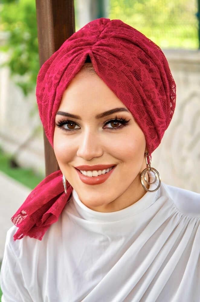 Bordo Çiçek Dantel Tokalı Bone