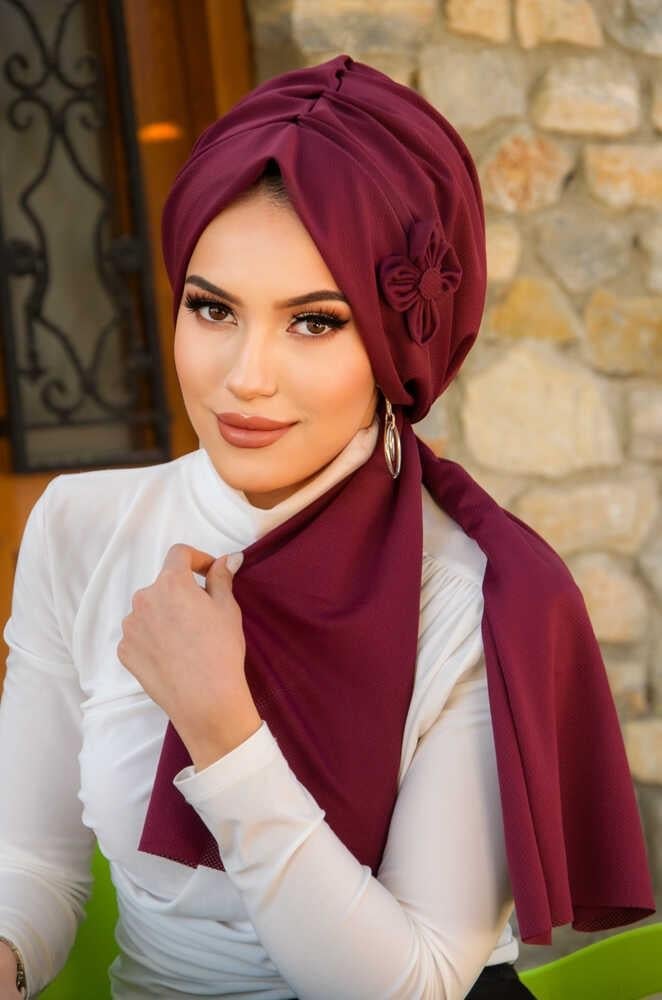 Bordo Çiçekli Pratik Şal
