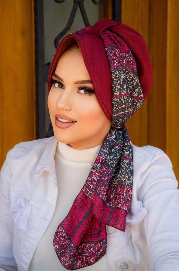 Bordo Etnik Desen Şapkalı Bone