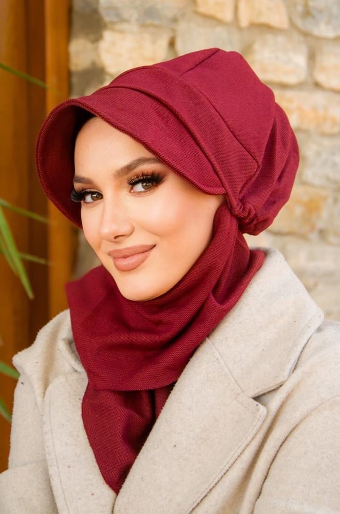 Bordo Hazır Atkılı Tesettür Şapka