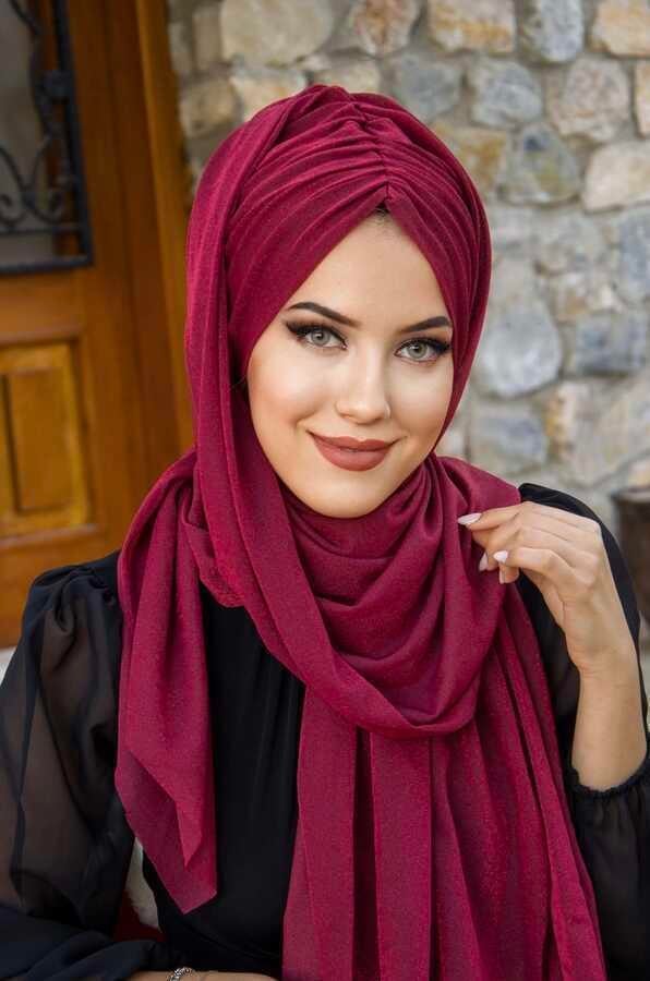 Bordo Işıltılı Büzgülü Hazır Şal