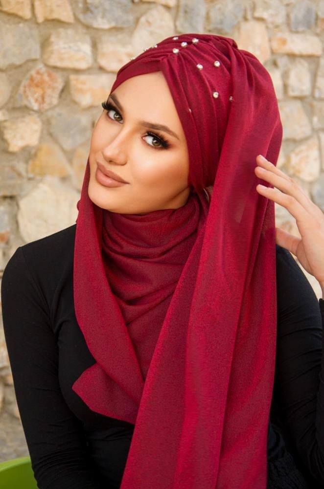 Bordo Işıltılı Taşlı Abiye Şal