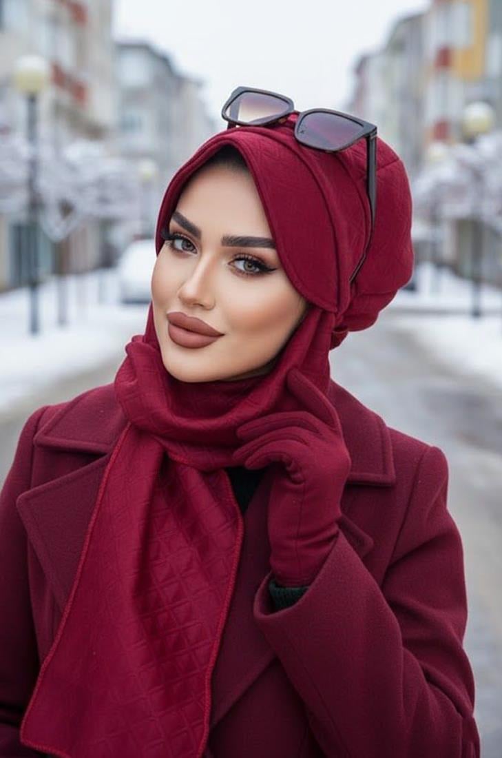 Bordo Kapitone Atkılı Tesettür Şapka