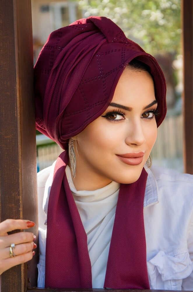 Bordo Kapitone Fularlı Şapka Bone