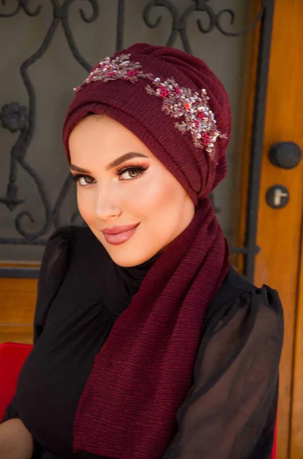 Bordo Nakışlı Abiye Atkılı Bone