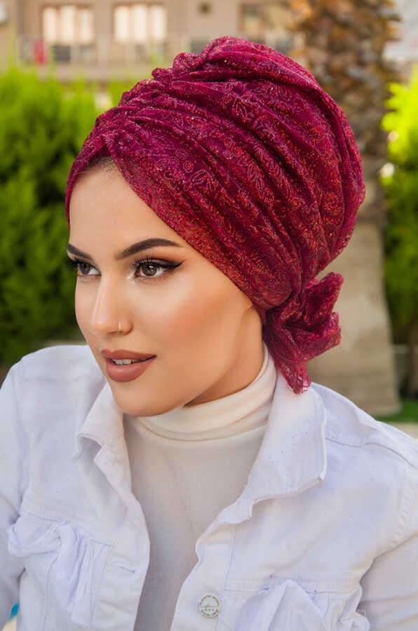 Bordo Simli  Abiye Tokalı Bone