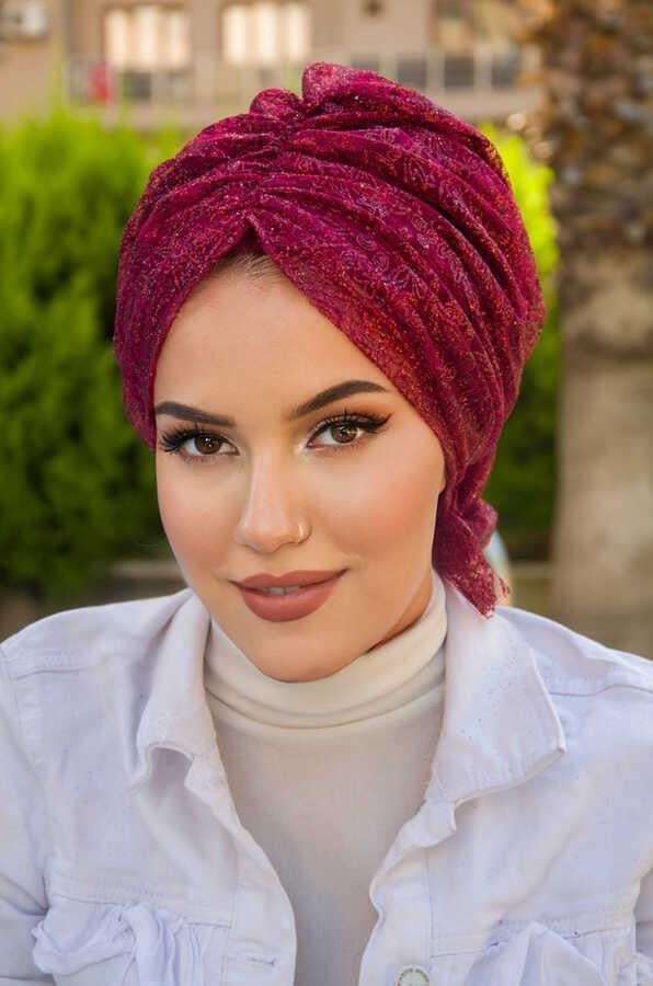 Bordo Simli  Abiye Tokalı Bone