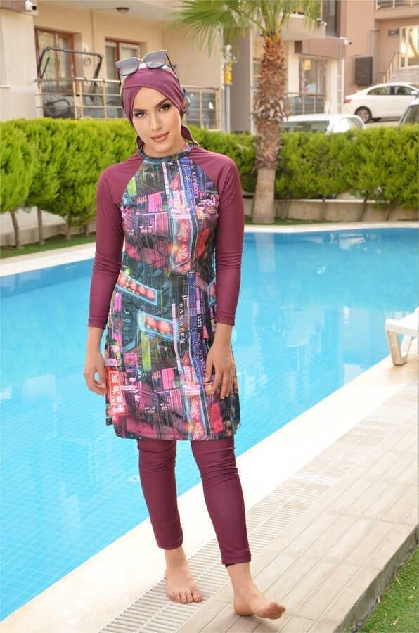 Bordo Tonlu Spor Desen Tesettür Mayo Takım
