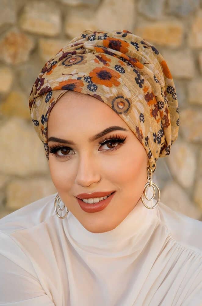 Camel Çiçek Desen Çapraz Bantlı Bone