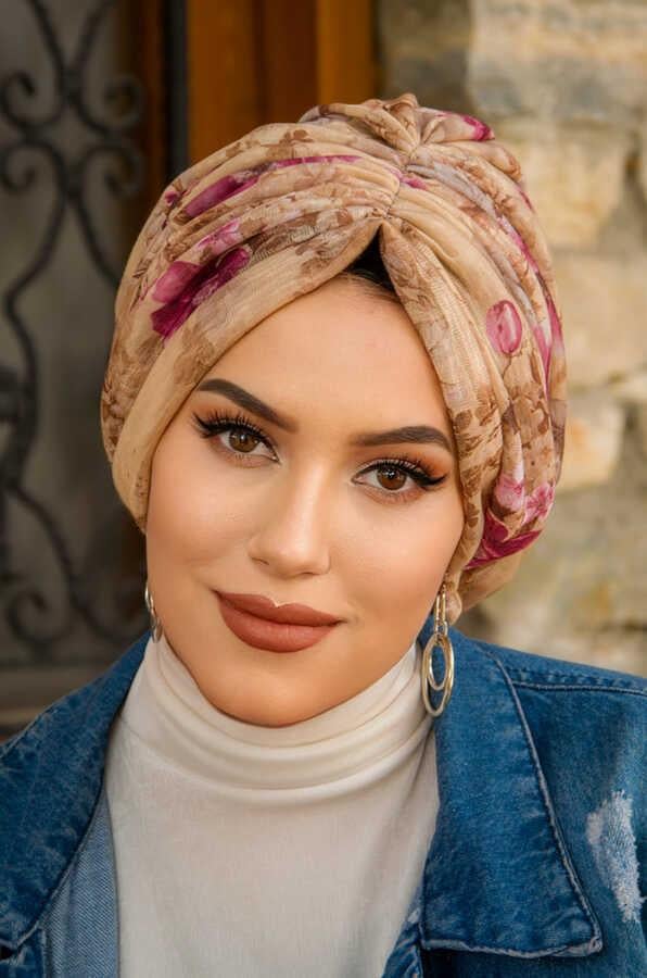 Camel Vişne Çiçek Desen Tokalı Bone