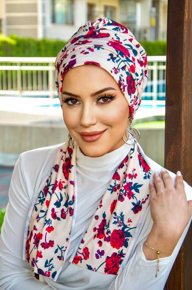 Ekru Bordo Çiçek Desenli Atkılı Bone