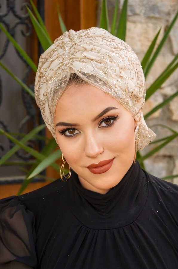 Ekru Dore Simli Abiye Tokalı Bone