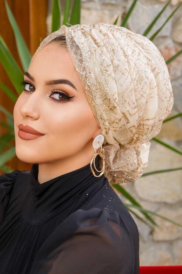 Ekru Dore Simli Abiye Tokalı Bone